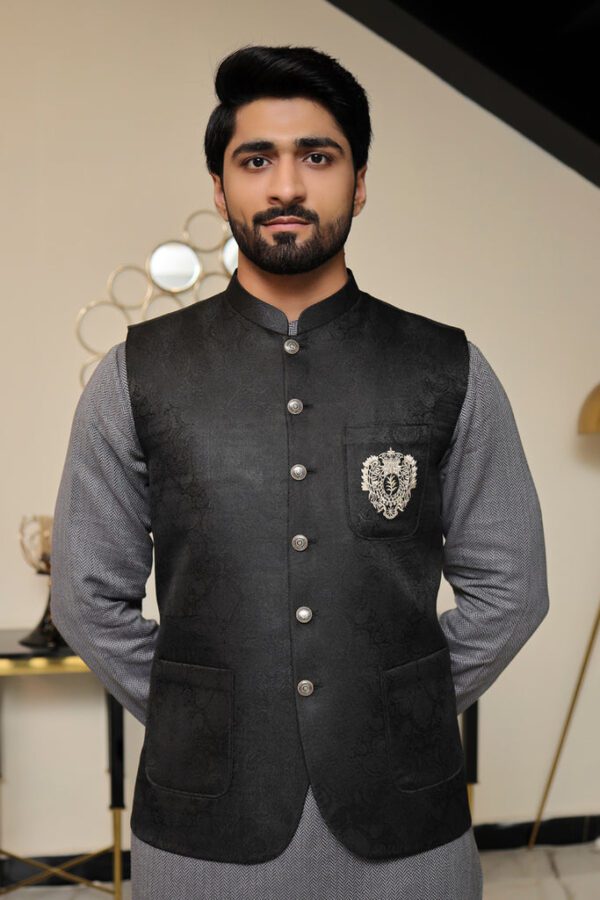 Men Premium Jamawar Waistcoat Black ship from Pakistan