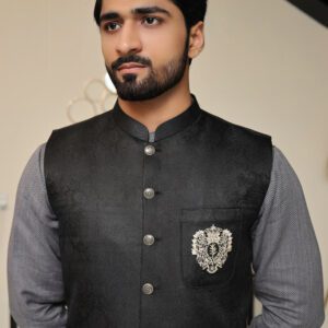 Men Premium Jamawar Waistcoat Black ship from Pakistan