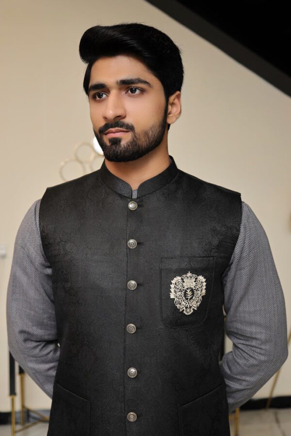 Men Premium Jamawar Waistcoat Black ship from Pakistan